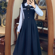 閨蜜裝長(cháng)裙學(xué)生大碼女裝學(xué)院風(fēng)假兩件連衣裙春秋胖妹妹藏藍色顯瘦 藏藍色【正品】 M 【85-105斤】