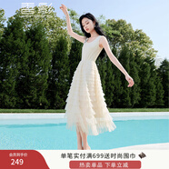 香影無袖背心連衣裙女2025夏季新款高腰超仙拼接網(wǎng)紗層層蛋糕裙子 米色 S