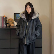 主意范（ZHUYIFAN）連帽座山雕皮衣外套棉服男女款冬季加絨加厚保暖毛領(lǐng)棉衣夾克潮牌 H1168黑色（升級大毛領(lǐng)） L 110-130斤