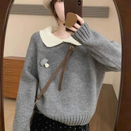 Jret甜美毛衣女2025冬季新款可愛(ài)淑女小翻領(lǐng)韓版百搭休閑顯瘦針織衫女 灰色 S 建議80-95斤