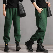 夏典素訂女王（SE.PSTP）加絨衛褲女冬季新款大碼拼接寬松休閑跨褲純棉保暖加厚束腳哈倫褲 墨綠色 L