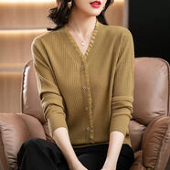 穿搭語(yǔ)錄（Chaundayulu）媽媽毛衣v領(lǐng)寬松顯瘦長(cháng)袖秋冬上衣洋氣內搭針織打底衫媽媽裝 XG6056#芥黃色 2XL 建議125-140斤