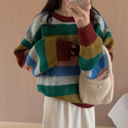 日本JP秋冬撞色條紋加厚毛衣2025新款歐貨套頭慵懶風(fēng)中長(cháng)款針織打 綠條紋 均碼