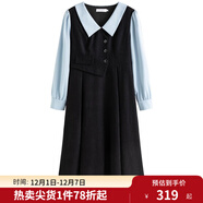 獨束大碼女裝假兩件撞色襯衫領(lǐng)連衣裙女秋冬微胖mm文藝復古穿搭裙子 墨染黑【適合160左右】 XL