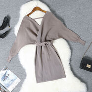 性感女裝秋冬2024新款V領(lǐng)針織連衣裙蝙蝠袖收腰綁帶包臀毛衣裙子 深卡其 均碼 均碼