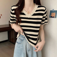 小紅書(shū)爆款冰絲條紋短袖t恤女夏季2024年新款木耳邊V領(lǐng)上衣短款洋 DX965#黑色 S建議75-90斤 均碼