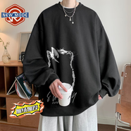 NEW OR MODE美式高街衛衣男重磅春秋季圓領(lǐng)潮牌oversize無(wú)帽上衣慵懶寬松外套 黑色加絨 2XL