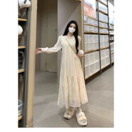 大碼胖mm2025秋冬裝新款蕾絲甜美連衣裙女裝高端精致打底a字長(cháng)裙 杏色提花面料 M