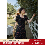 獨束大碼女裝抽繩設計碎花連衣裙女夏季新款胖mm法式茶歇裙 黑底紅花  XL