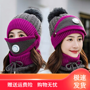 儂依拉帽子女秋冬季天毛線(xiàn)帽加絨加厚騎行防風(fēng)防寒護耳韓版冬季保暖針織帽女 灰色呼吸閥 三件套(帽子+圍脖+面罩)