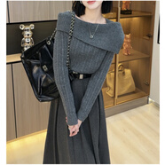 熒蒂針織衫連衣裙女秋冬季穿搭一整套2025新款一字肩毛衣半身裙套裝女 灰色毛衣+灰半身裙1【套裝】 M