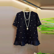 無(wú)疆妙品加肥圓領(lǐng)短袖蝴蝶結底擺釘珠上衣韓版大碼女裝2025夏季款淑女小衫 黑色 3XL 3XL建議120-150斤