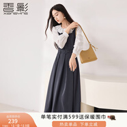 香影法式娃娃領(lǐng)收腰連衣裙女2025秋裝新款灰色通勤假兩件長(cháng)袖裙子 中灰 S 55/80A/85-95斤