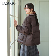 LAGOGO棕格暖頌短款羽絨服女拉谷谷2025年冬季新款格紋翻領(lǐng)外套 咖啡色 L