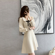 小紅書(shū)爆品2025秋冬新款ol風(fēng)淑女裝娃娃領(lǐng)針織連衣裙收腰a字裙內 杏色 L 均碼