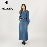 阿瑪施（AMASS）秋冬韓系ins時(shí)尚收腰氣質(zhì)翻領(lǐng)長(cháng)款牛仔連衣裙550043 牛仔藍 S （2碼）