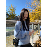 pusumede柔光漫溢 仿貂毛軟糯毛衣女慵懶寬松套頭針織衫毛毛上衣 淺藍色 S