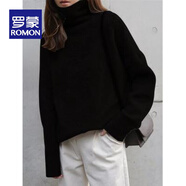 羅蒙（ROMON）新款重磅歐美高領(lǐng)羊毛衫女加厚毛衣寬松套頭慵懶風(fēng)針織打底 黑色 3XL