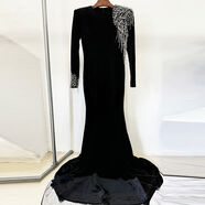 歐美高端晚禮服2025系列重工釘珠醋酸絲絨小拖尾長(cháng)裙連衣裙 黑色 S S