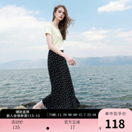 三彩2025夏季新款碎花半身裙斜裁A字裙松緊腰魚(yú)尾裙浪漫長(cháng)裙M 漆黑色花卉 XL 170/76A