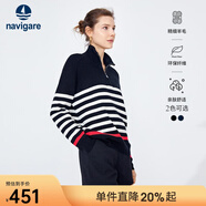Navigare意大利小帆船女士長(cháng)袖針織衫秋冬款舒適半開(kāi)領(lǐng)上衣翻領(lǐng)條紋毛衣女 暗夜黑/白 L 碼