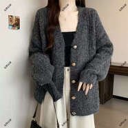 慵懶風(fēng)灰色長(cháng)袖毛衣開(kāi)衫外套早秋流行穿搭大碼女胖mm寬松針織上衣 灰色 M M