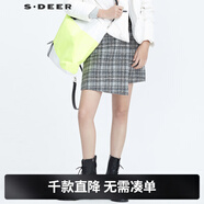 sdeer圣迪奧冬季女裝保暖舒適不對稱(chēng)自然腰格子復古撞色格紋皮質(zhì)拼接不規則毛呢短裙S20461304 中灰/77 L/170