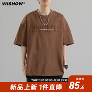 viishow夏季棉日系重磅情侶短袖美式復古寬松圓領(lǐng)印花t恤上衣   棕色 S 