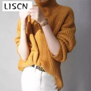 LISCN克萊因藍高領(lǐng)套頭粗棒針軟糯毛衣2025秋冬新款外套慵懶寬松上衣女 黃色 M