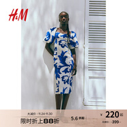 H&M女士花卉連衣裙秋季氣質(zhì)修身歐根紗五分袖燈籠袖連身裙1238363 白色/藍色圖案 170/116 XL
