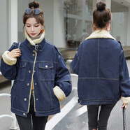 妹丫牛仔加絨外套女冬季2025年小個(gè)子慵懶寬松派克服加厚毛絨棉衣百搭 圖片色 M