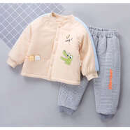 純棉嬰兒薄套裝加厚保暖夾棉寶寶棉褲1歲2幼兒童秋冬 鱷魚(yú)黃咖色對開(kāi)款 cm 73