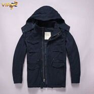 VIPOL秋冬季新款加厚連帽迷彩外套歐美復古立領(lǐng)夾克男多口袋中長(cháng)款上衣 藍色 L