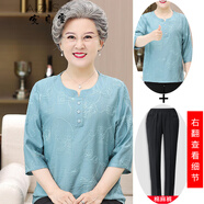 安貞雪棉麻中老年人女裝奶奶裝春夏裝T恤衫透氣媽媽裝中老年女裝LYFS979 (天藍色+黑褲)套裝 XL 建議75-95斤