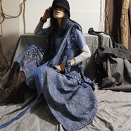 舂秋牛仔棉文藝拼接撞色印花貼布個(gè)性長(cháng)款復古外套風(fēng)衣無(wú)袖馬甲 牛仔藍 均碼