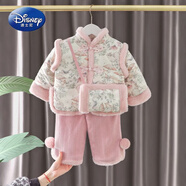 迪士尼（Disney）拜年服女童套裝秋冬裝國風(fēng)小童漢服兒童周歲寶寶喜慶新年過(guò)年衣服 粉色拜年服套裝（上衣+褲子+挎包） 加絨加厚 100