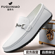 富貴鳥(niǎo)男鞋秋季新款真皮白色商務(wù)休閑皮鞋軟皮軟底透氣舒適一腳蹬豆豆鞋 白色 鑫品FG2555 37
