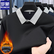 羅蒙（ROMON）2025新款秋冬季T恤男士假兩件純色針織衫商務(wù)休閑襯衫領(lǐng)長(cháng)袖衛衣 黑色 加絨款 XL