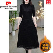 皮爾卡丹（pierre cardin）加絨加厚長(cháng)袖連衣裙女2025秋冬新款配大衣內搭媽媽蕾絲長(cháng)裙子 黑色(加絨加厚) L 建議101-110斤