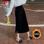 皮爾卡丹（pierre cardin）加絨加厚金絲絨半身裙女小個(gè)子包臀裙秋冬高腰開(kāi)叉復古顯瘦一步裙 黑色裙長(cháng)80 秋冬 加絨 S