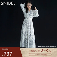 SNIDEL秋冬甜美碎花系帶收腰百褶雪紡連衣裙SWFO245033 淺藍色 S （0）