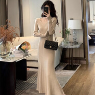 凡伊蔚長(cháng)袖針織修身包臀打底連衣裙女秋冬新款裙子禮服長(cháng)裙高級感毛衣裙 杏色v領(lǐng)針織修身氣質(zhì)魚(yú)尾包臀裙 均碼 【建議80-115斤】