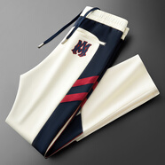 NPZ輕奢秋冬高端時(shí)尚個(gè)性撞色拼接空氣層太空棉運動(dòng)直筒衛褲休閑褲男 米杏色 XL 【建議140-160斤】