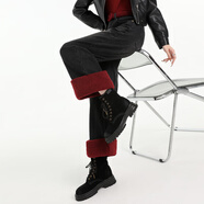 項格搭配馬丁靴的牛仔褲女秋冬季加絨闊腿牛仔褲女拼接安可拉紅羊羔毛 黑灰色(加絨加--送模特同款腰帶)小個(gè)子洋氣八 厚款 S