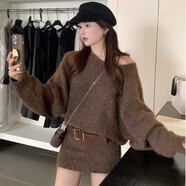 秋冬寬松大碼時(shí)尚套裝一字領(lǐng)兩件套露肩針織毛衣連衣裙收腰包臀裙 咖啡+腰帶 M