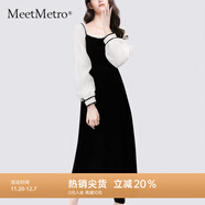 MeetMetro瑪依爾時(shí)尚連衣裙女2025秋季新款拼接燈籠袖高級感裙子 黑色【現貨閃電發(fā)】 M