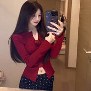 MINI STUDIO徐琳「玫瑰故事」修身開(kāi)叉紅色V領(lǐng)立體花朵長(cháng)袖針織衫 紅色現貨 S