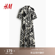H&M2025年夏季新款女裝時(shí)尚休閑腰部系帶襯衫式連衣裙1217576 奶油色/黑色圖案 S 160/88