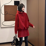 葉紫楓（YEZIFENG）時(shí)尚套裝女秋冬新款時(shí)尚洋氣保暖連帽衛衣+短裙兩件休閑套裝女 紅色套裝 S
