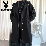 花花公子風(fēng)衣男士中長(cháng)款秋冬季港風(fēng)連帽長(cháng)款棉大衣韓版披風(fēng)加棉外套男 黑色 XL 【建議體重 135-160斤】